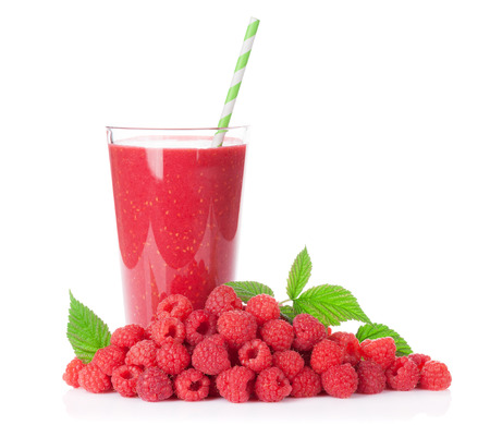 42664694 - raspberry smoothie and heap of berries. isolated on white background